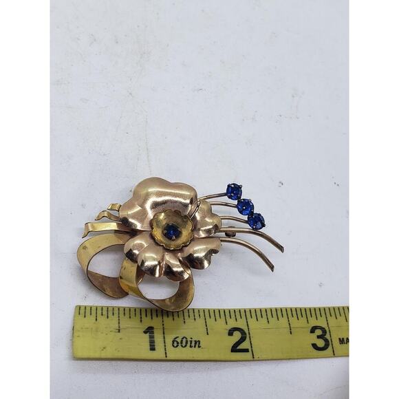 Vintage 1/20 12K Gold Filled Floral Brooch 3D Blue Rhinestones Two Harry Iskin - Picture 9 of 10